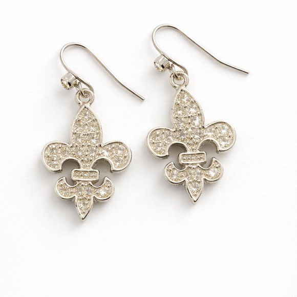 Jewelry - Elegant Silver Tone and Rhinestone Fleur-de-Lis Drop Earrings